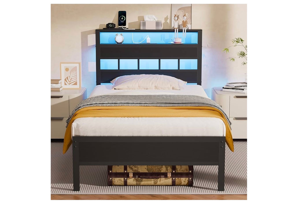 Twin Bed Frames with Charging Station and LED Lights, Twin Size Platform Bed with Metal Slats, Wood Headboard with 2-Tier Storage Shelves, No Box Spring Needed, Black Oak Amazon's Choice