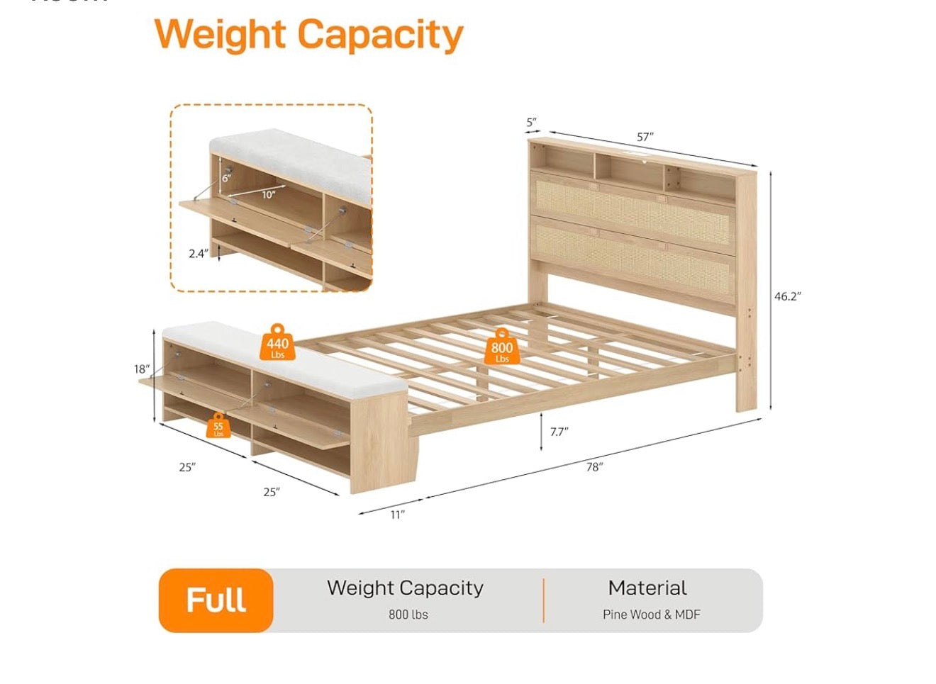 Full Size Platform Bed Frame with Storage Headboard and Charging Station, Modern Rattan Wood Bed with Shelves and Ottoman,Space Saving Bed Frame for Bedroom or Guest Room