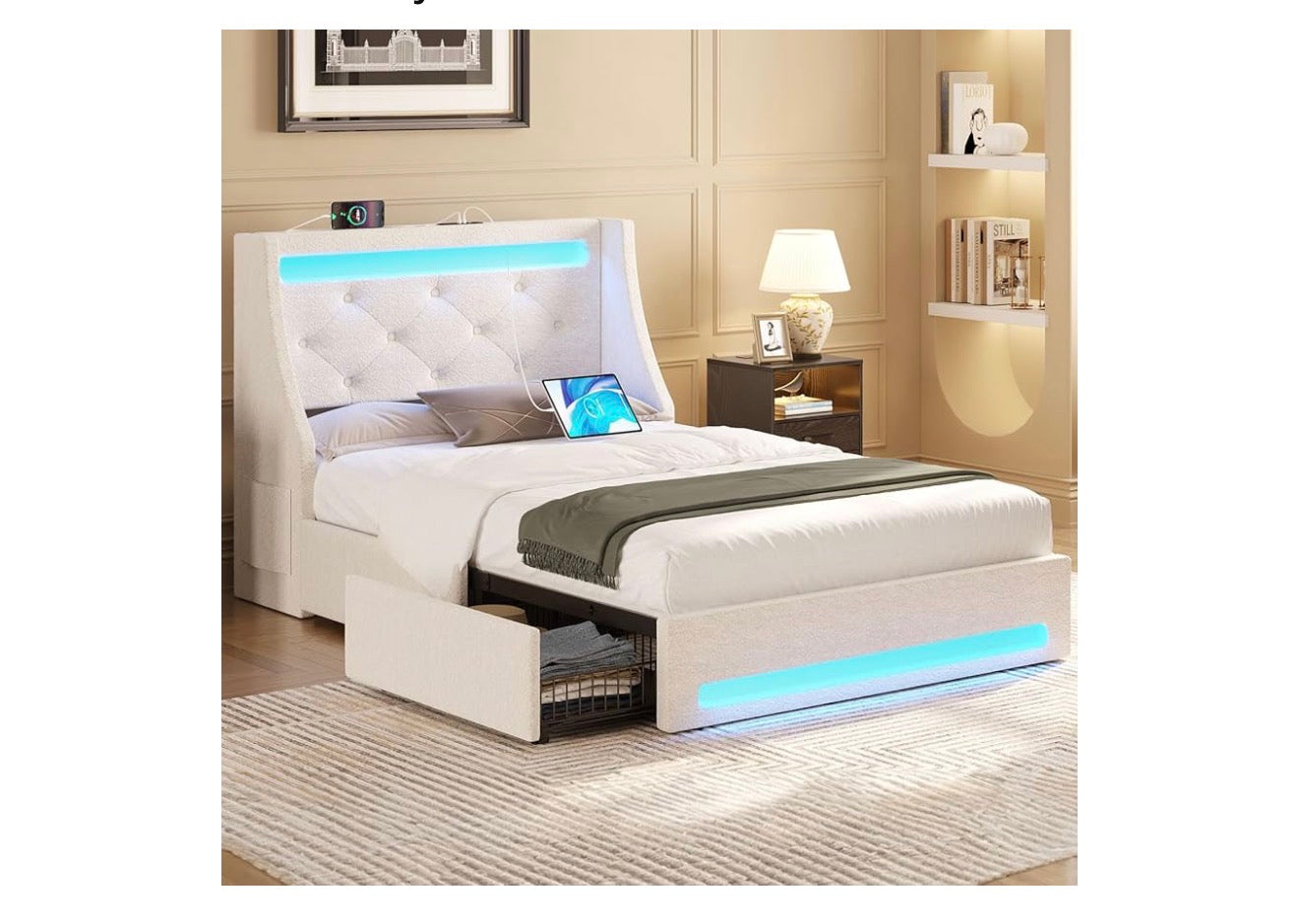 Twin Bed Frame with LED Lights and Charging Station, Upholstered Bed with Drawers, Wooden Slats, Noise Free, Easy Assembly, Beige