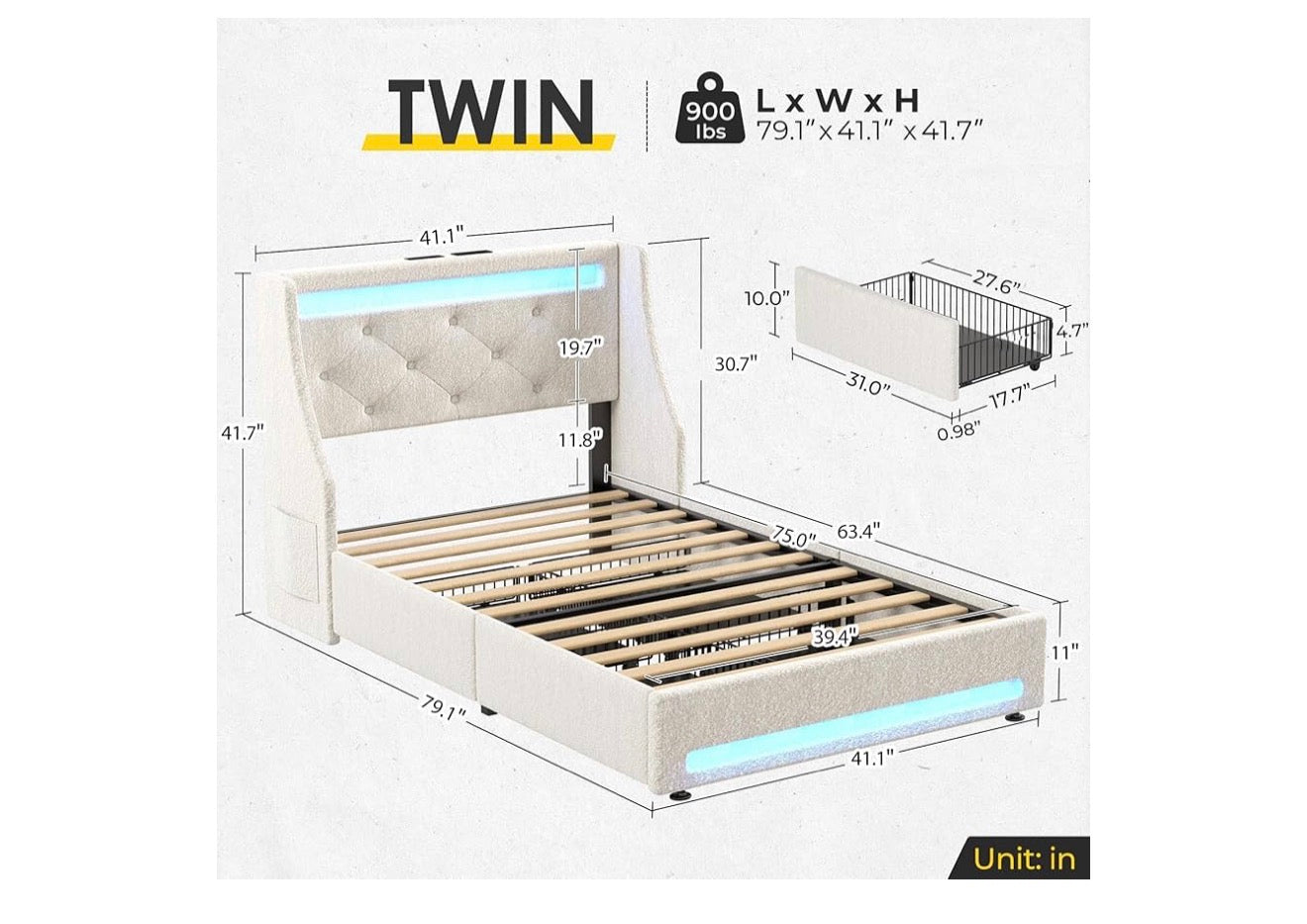 Twin Bed Frame with LED Lights and Charging Station, Upholstered Bed with Drawers, Wooden Slats, Noise Free, Easy Assembly, Beige